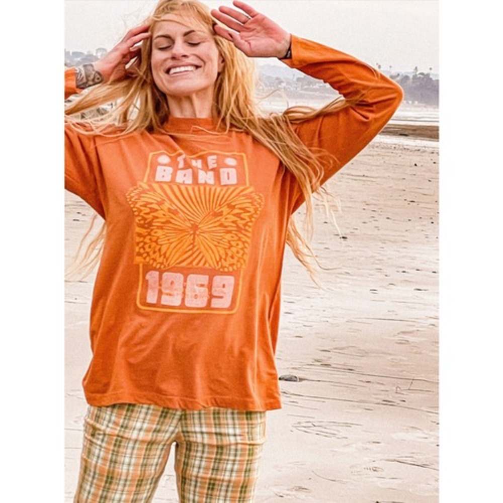 Midnight Rider The‎ Band Butterfly T-Shirt Long Sleeve Mock Neck Orange Womens S